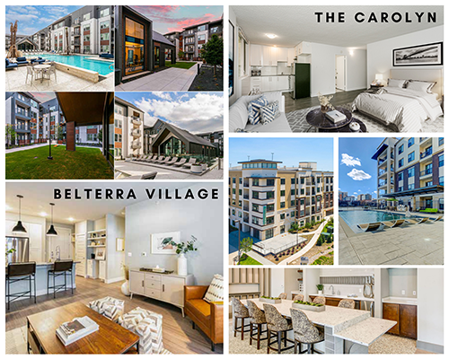A collage showing the interior and exterior of Belterra Village in Austin, Texas, and the Carolyn in Las Colinas, Texas.